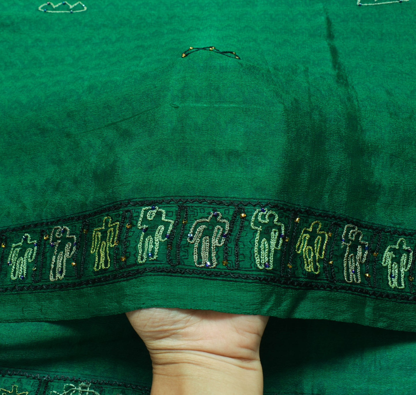 Sushila Vintage Teal Green Saree 100% Pure Crepe Silk Aari Work Soft Sari Fabric