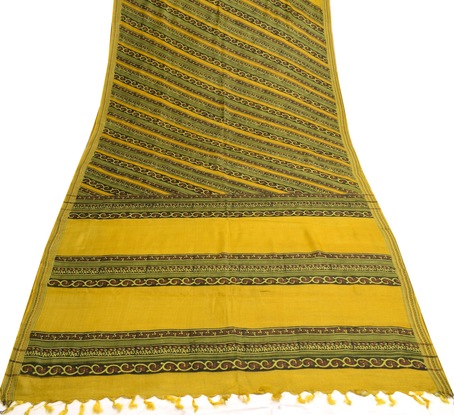 Sushila Vintage Yellow Saree Pure Woolen Hand Block Printed Soft 5YD Sari Fabric