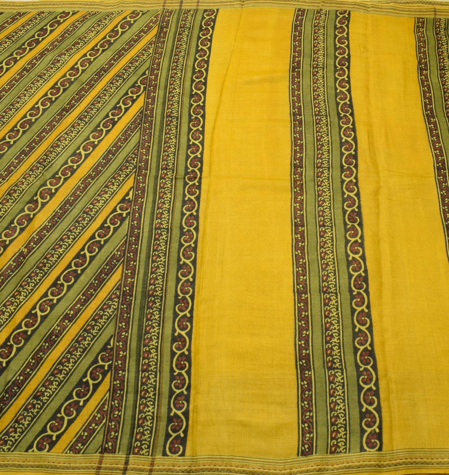 Sushila Vintage Yellow Saree Pure Woolen Hand Block Printed Soft 5YD Sari Fabric