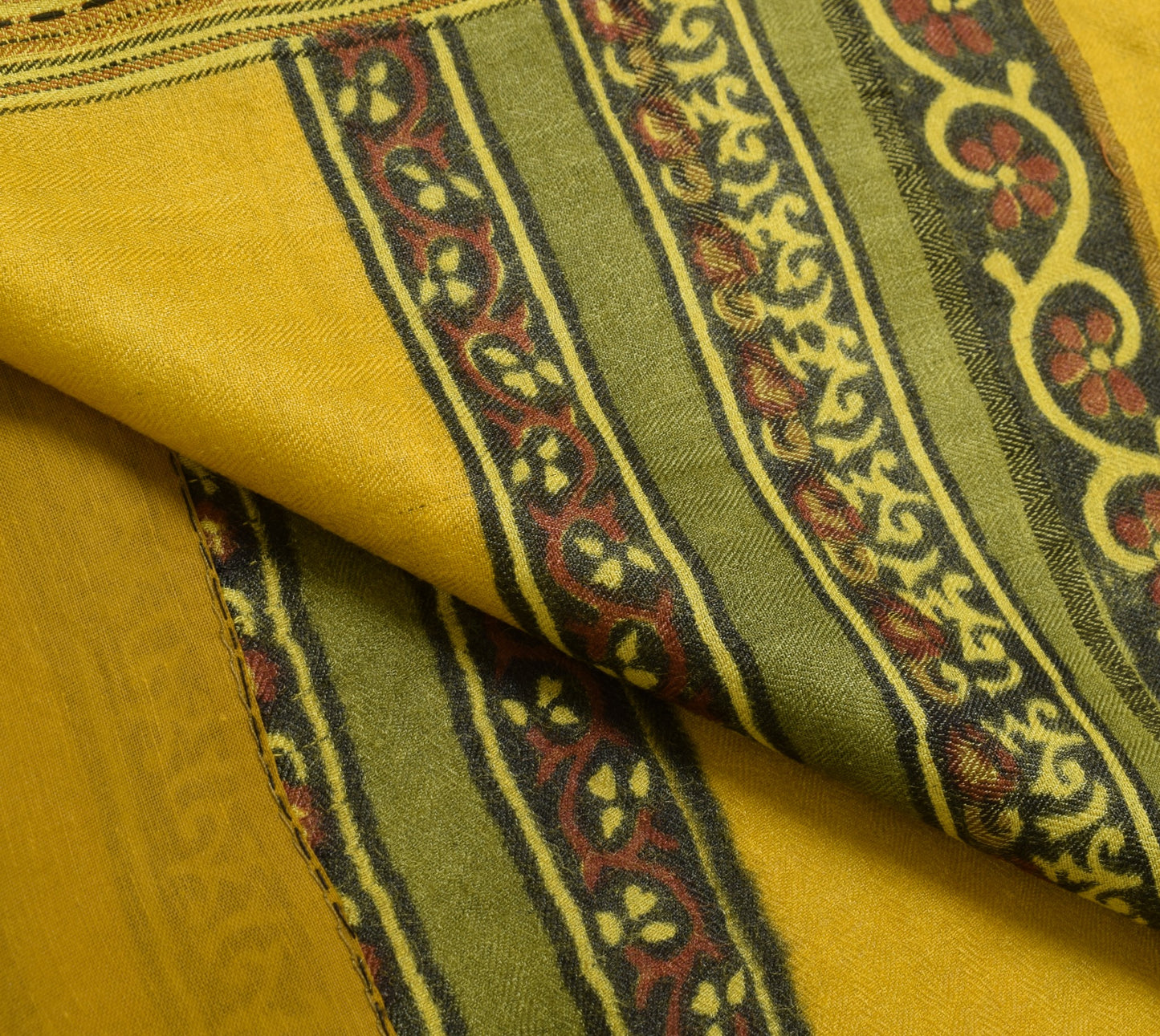 Sushila Vintage Yellow Saree Pure Woolen Hand Block Printed Soft 5YD Sari Fabric