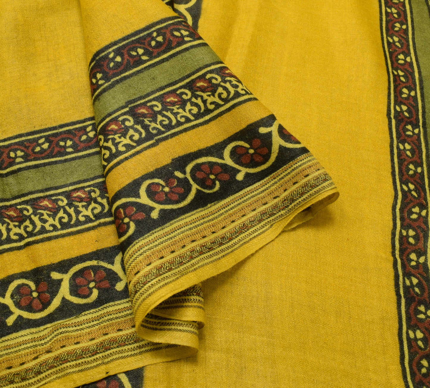 Sushila Vintage Yellow Saree Pure Woolen Hand Block Printed Soft 5YD Sari Fabric