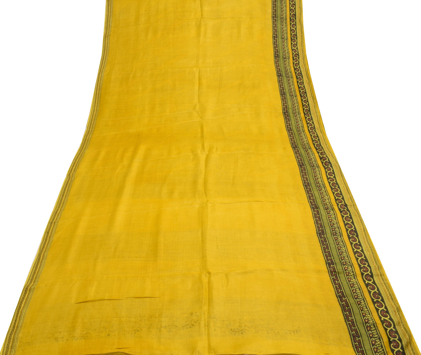 Sushila Vintage Yellow Saree Pure Woolen Hand Block Printed Soft 5YD Sari Fabric