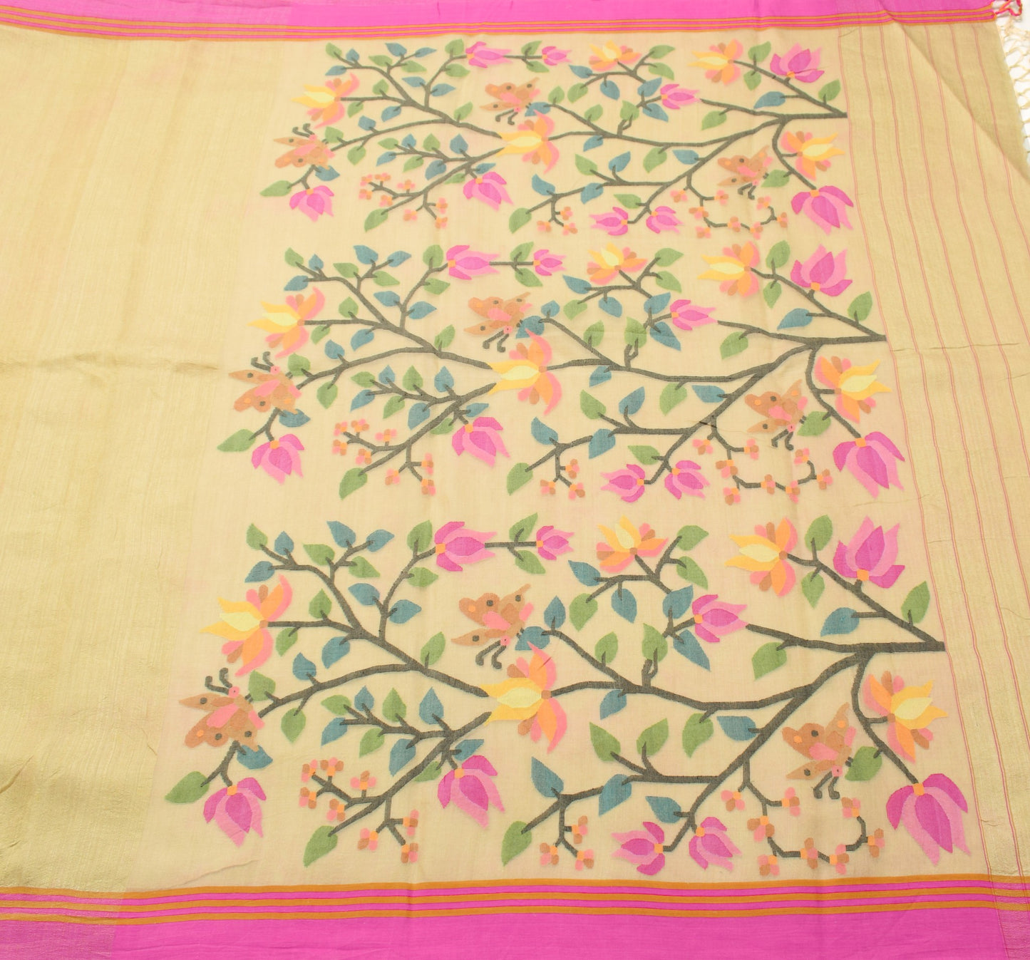 Sushila Vintage Handloom Brown Saree Cotton Muslin Dhakai Jamdani Sari Fabric