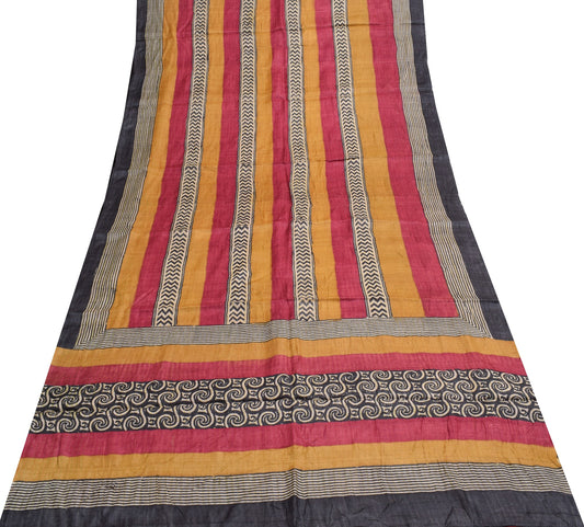 Sushila Vintage Multi-Color Saree Pure Tussar Silk Hand Block Print Sari Fabric