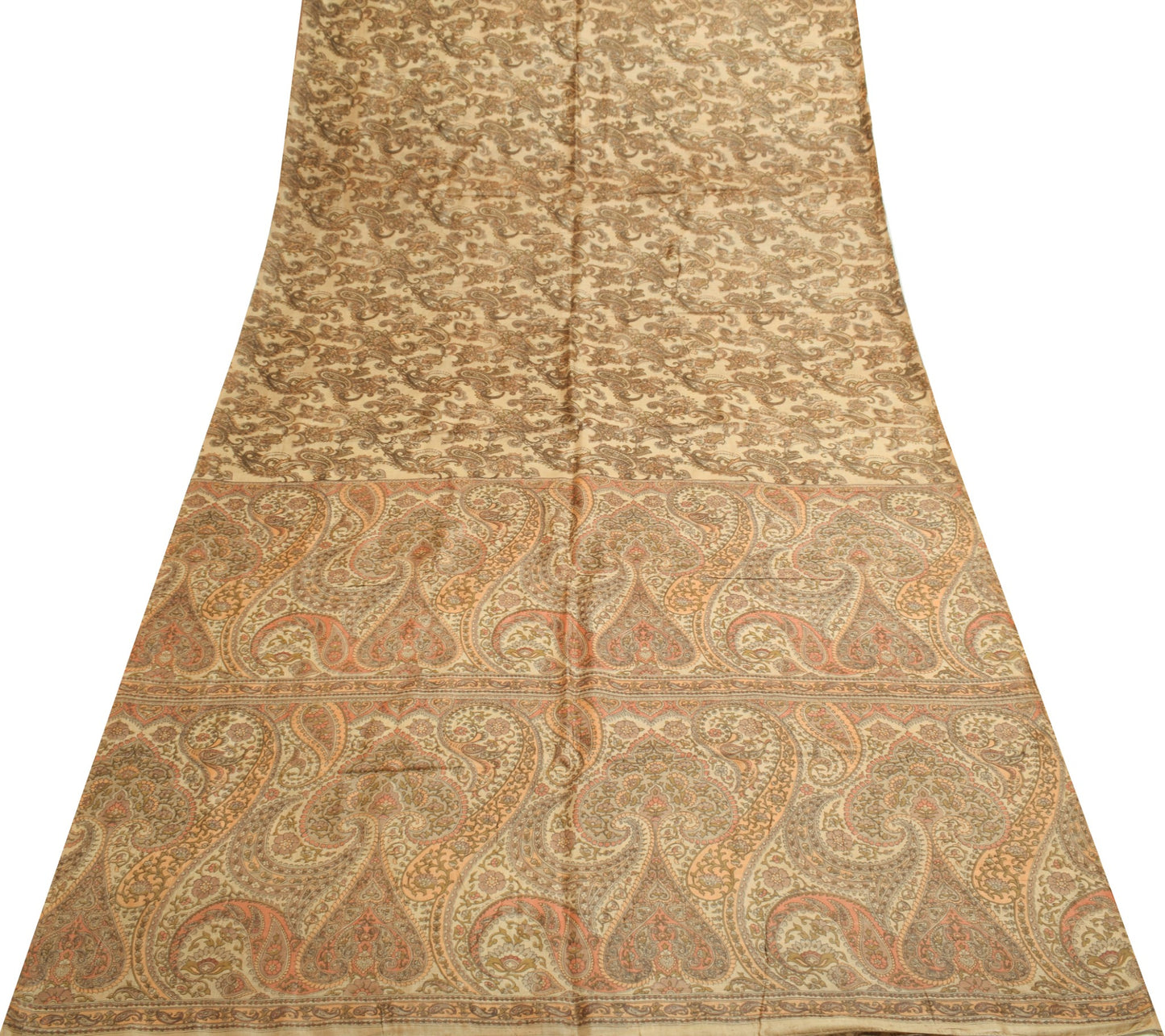 Sushila Vintage Brown Saree Pure Tussar Silk Paisley Printed Soft Sari Fabric