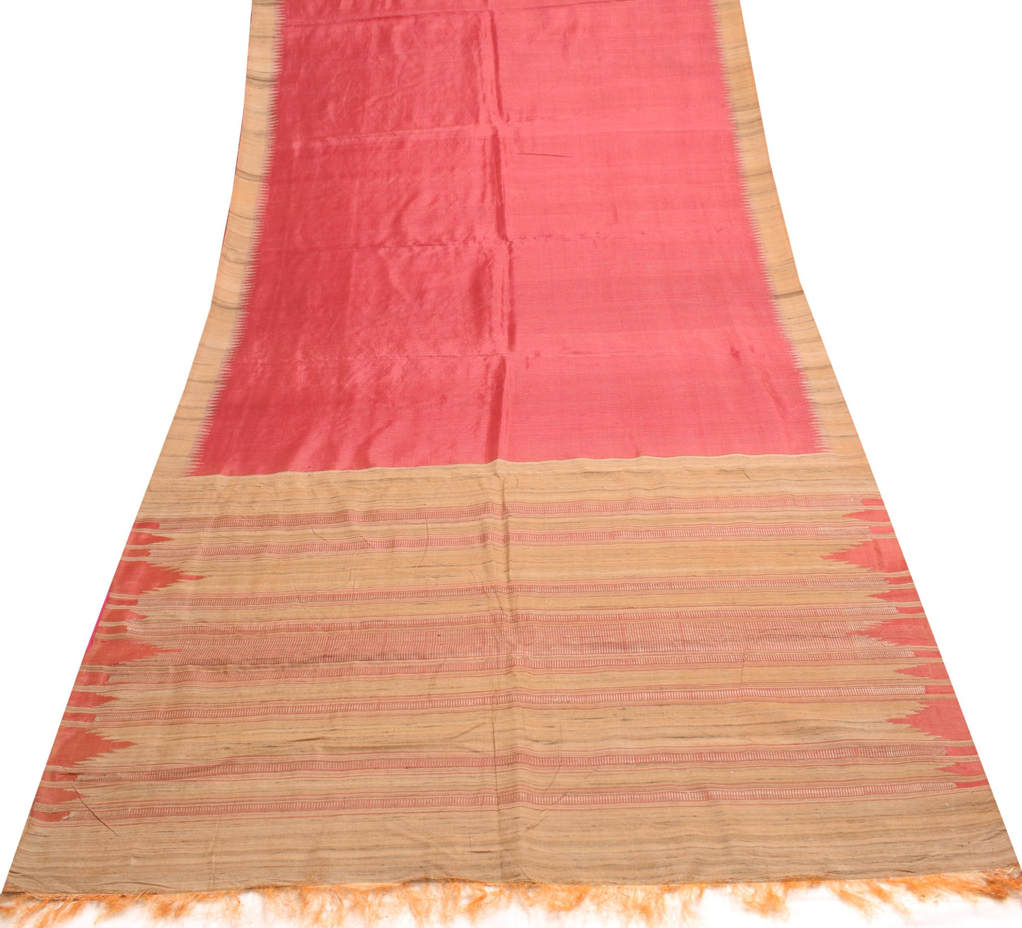 Sushila Vintage Pink Saree Pure Tussar With Khadi Border Pallu Woven Sari Fabric