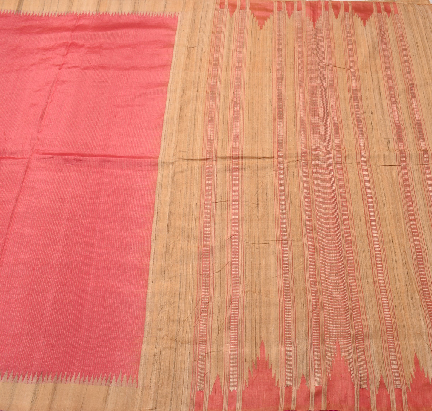 Sushila Vintage Pink Saree Pure Tussar With Khadi Border Pallu Woven Sari Fabric