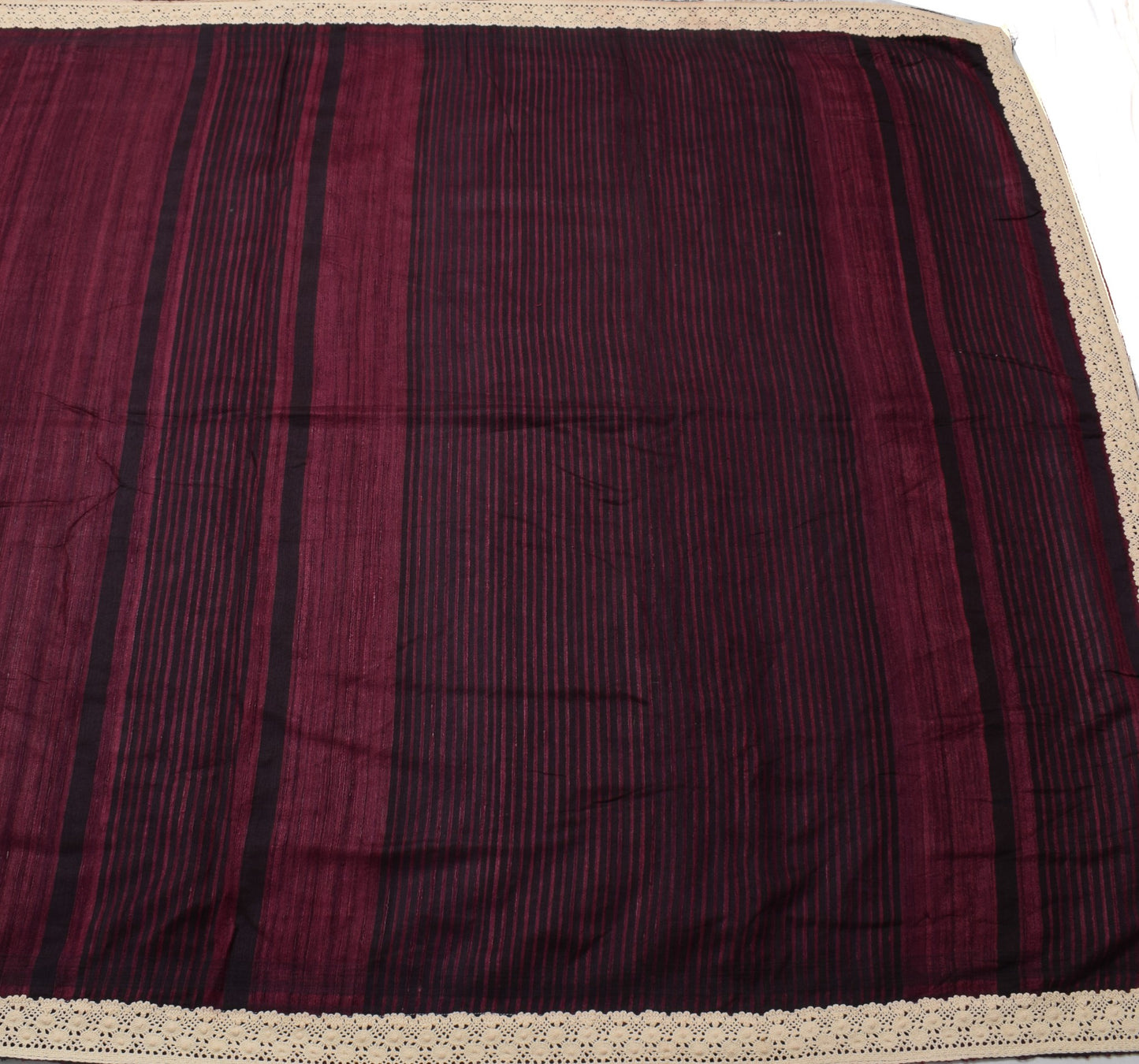 Sushila Vintage Maroon & Black Saree 100% Pure Khadi Crochet Border Sari Fabric