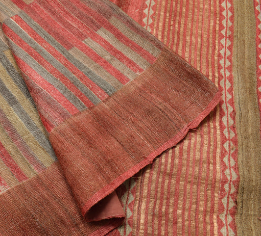 Sushila Vintage Pure Khadi Branded Saree Multi-Color Hand Block 5YD Sari Fabric