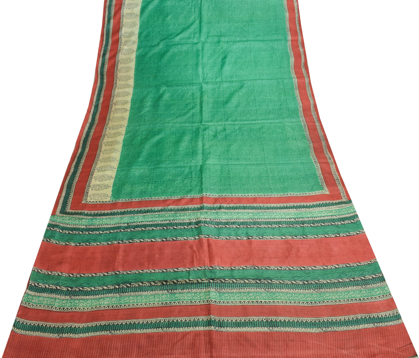 Sushila Vintage Pure Tussar Silk Saree Hand Block Printed Green Soft Sari Fabric