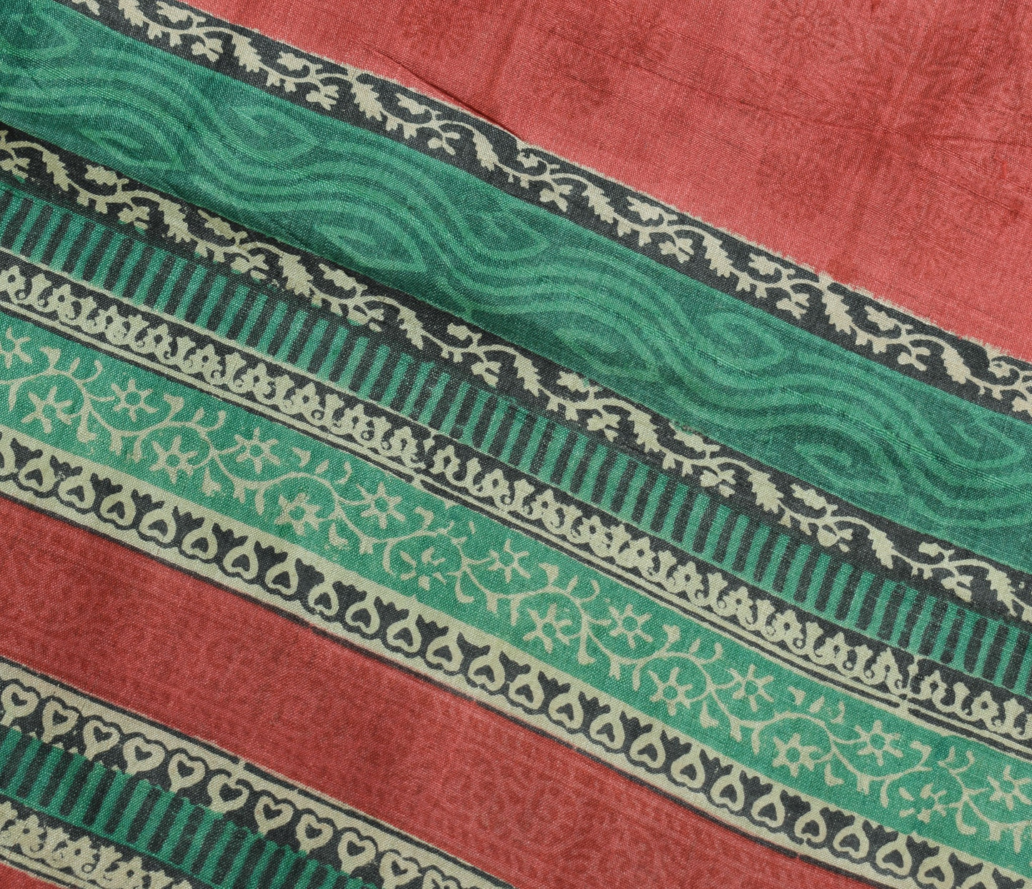 Sushila Vintage Pure Tussar Silk Saree Hand Block Printed Green Soft Sari Fabric