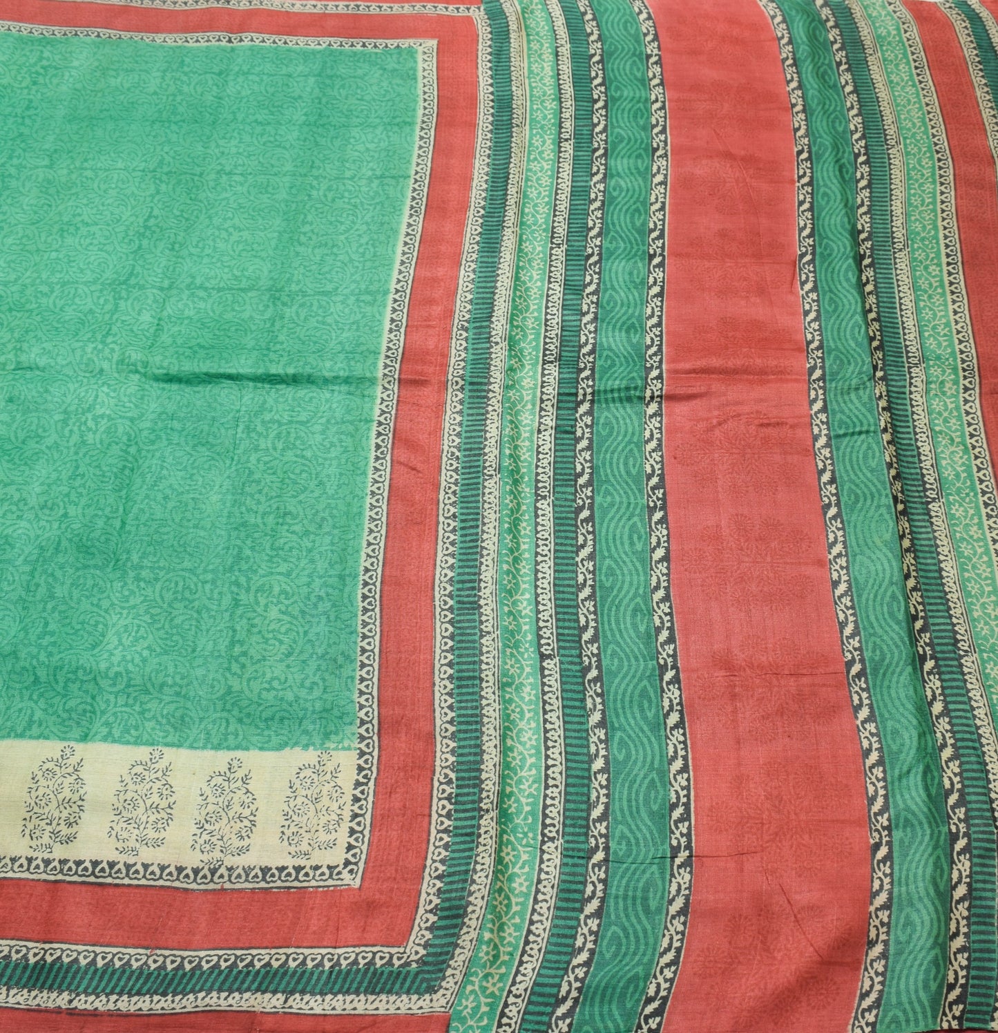 Sushila Vintage Pure Tussar Silk Saree Hand Block Printed Green Soft Sari Fabric