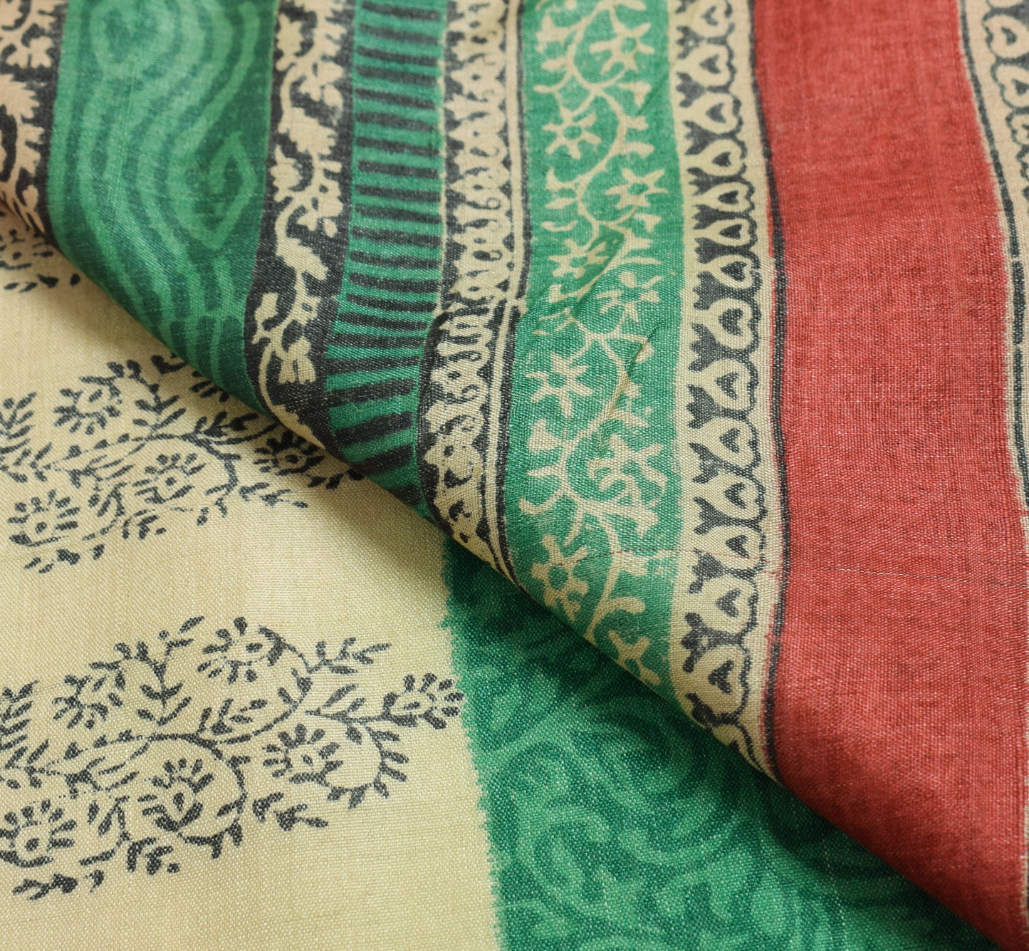 Sushila Vintage Pure Tussar Silk Saree Hand Block Printed Green Soft Sari Fabric