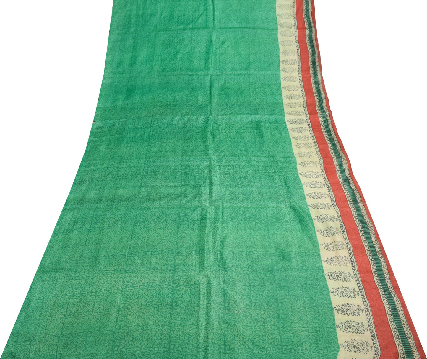 Sushila Vintage Pure Tussar Silk Saree Hand Block Printed Green Soft Sari Fabric