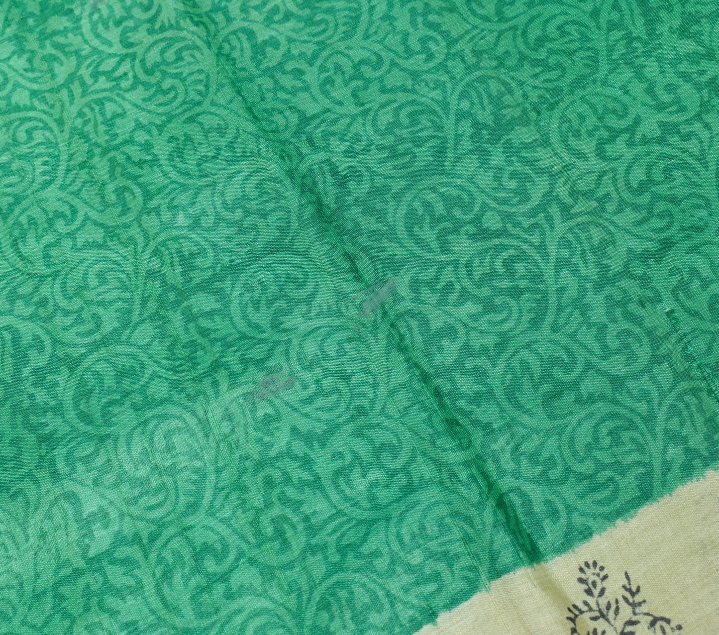 Sushila Vintage Pure Tussar Silk Saree Hand Block Printed Green Soft Sari Fabric