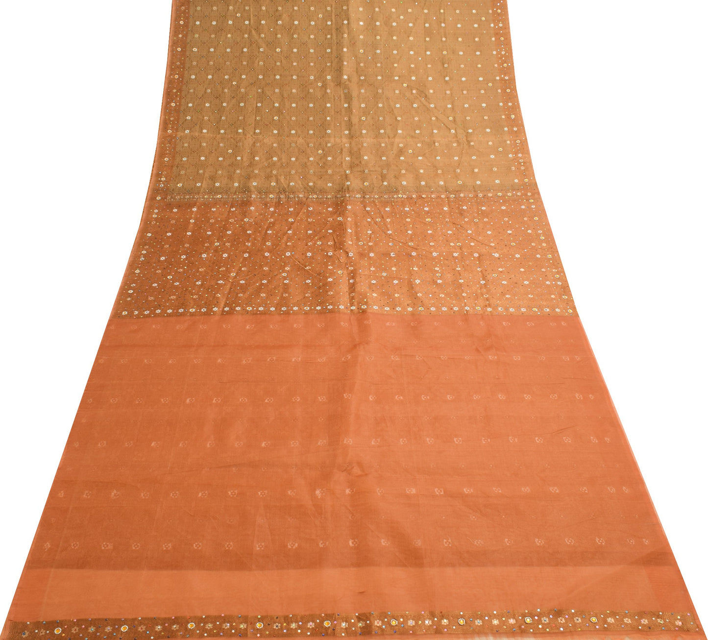 Sushila Vintage Brown Saree Pure Organza Silk Woven Sequins Beaded Sari Fabric