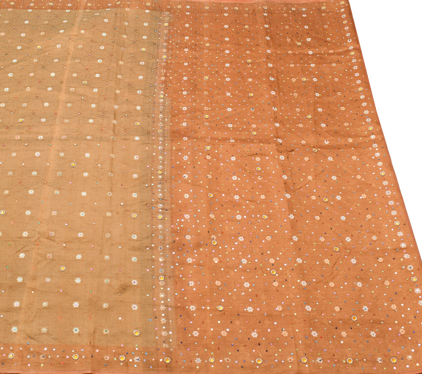 Sushila Vintage Brown Saree Pure Organza Silk Woven Sequins Beaded Sari Fabric