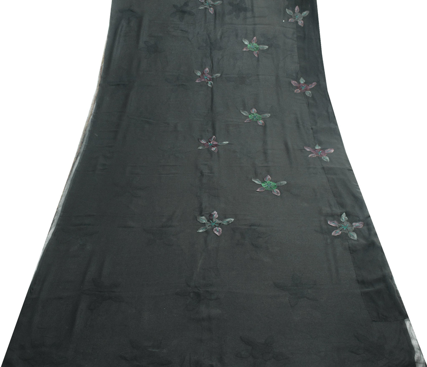 Sushila Vintage Black Floral Saree Pure Georgette Silk Embroidered Sari Fabric