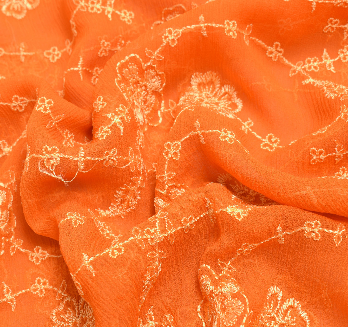 Sushila Vintage Orange Saree Pure Chiffon Silk Embroidered Floral 5YDSari Fabric