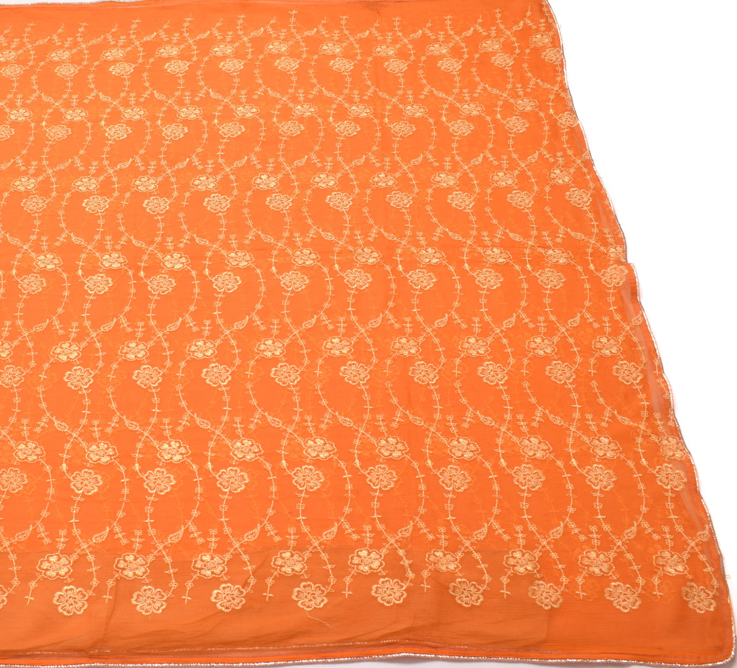 Sushila Vintage Orange Saree Pure Chiffon Silk Embroidered Floral 5YDSari Fabric