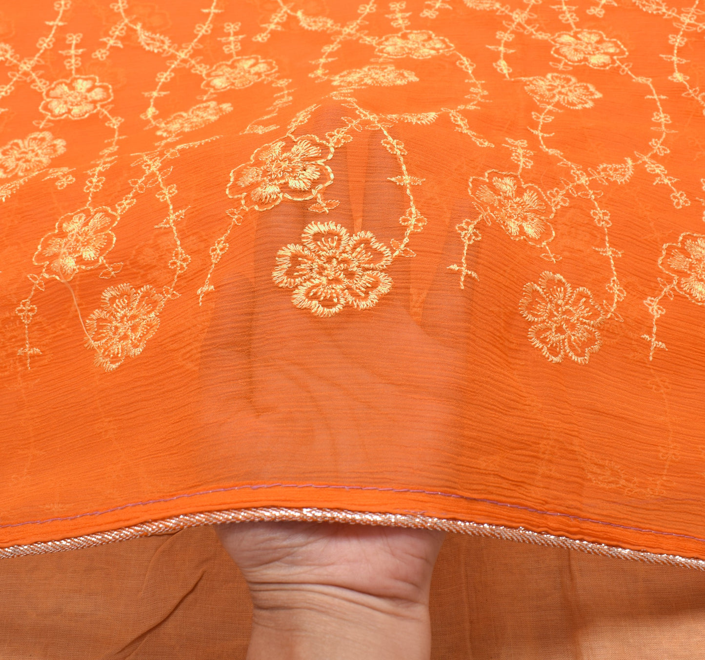 Sushila Vintage Orange Saree Pure Chiffon Silk Embroidered Floral 5YDSari Fabric