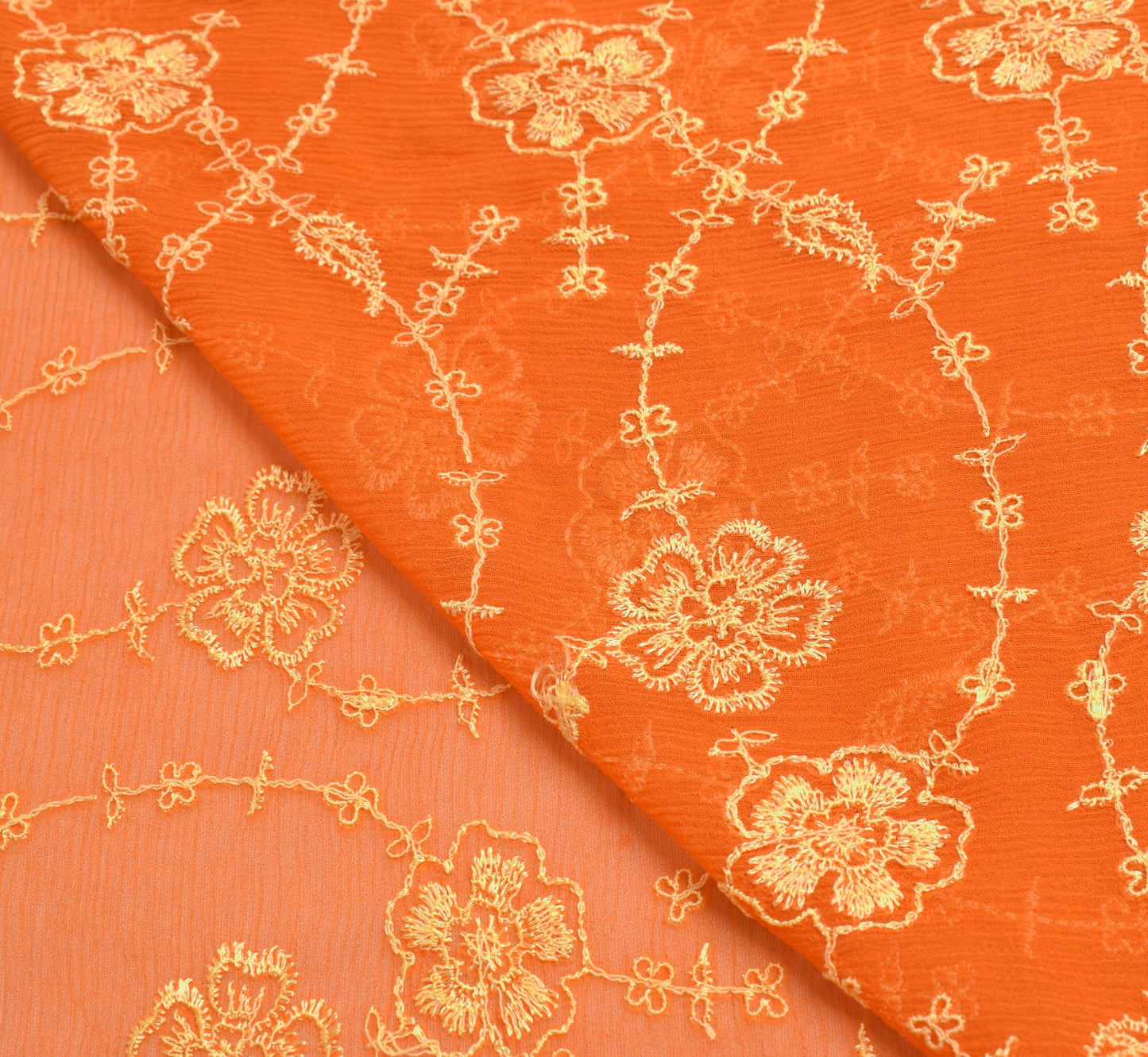 Sushila Vintage Orange Saree Pure Chiffon Silk Embroidered Floral 5YDSari Fabric