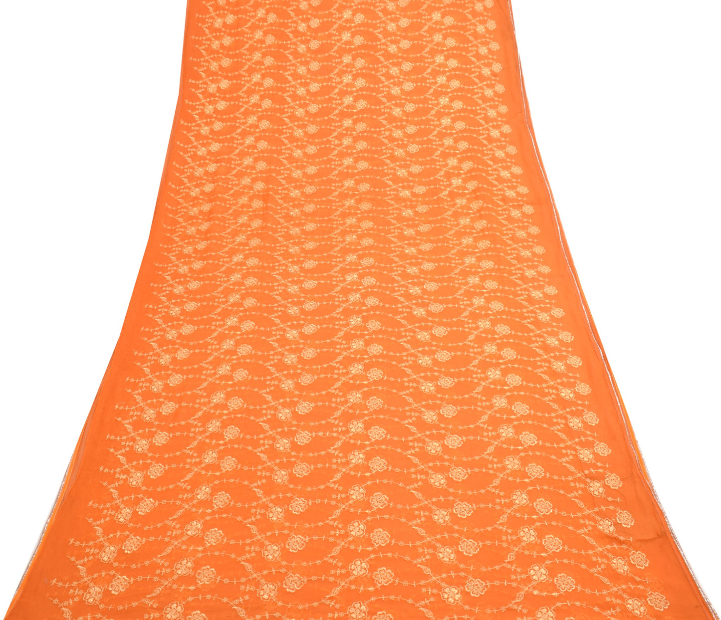 Sushila Vintage Orange Saree Pure Chiffon Silk Embroidered Floral 5YDSari Fabric