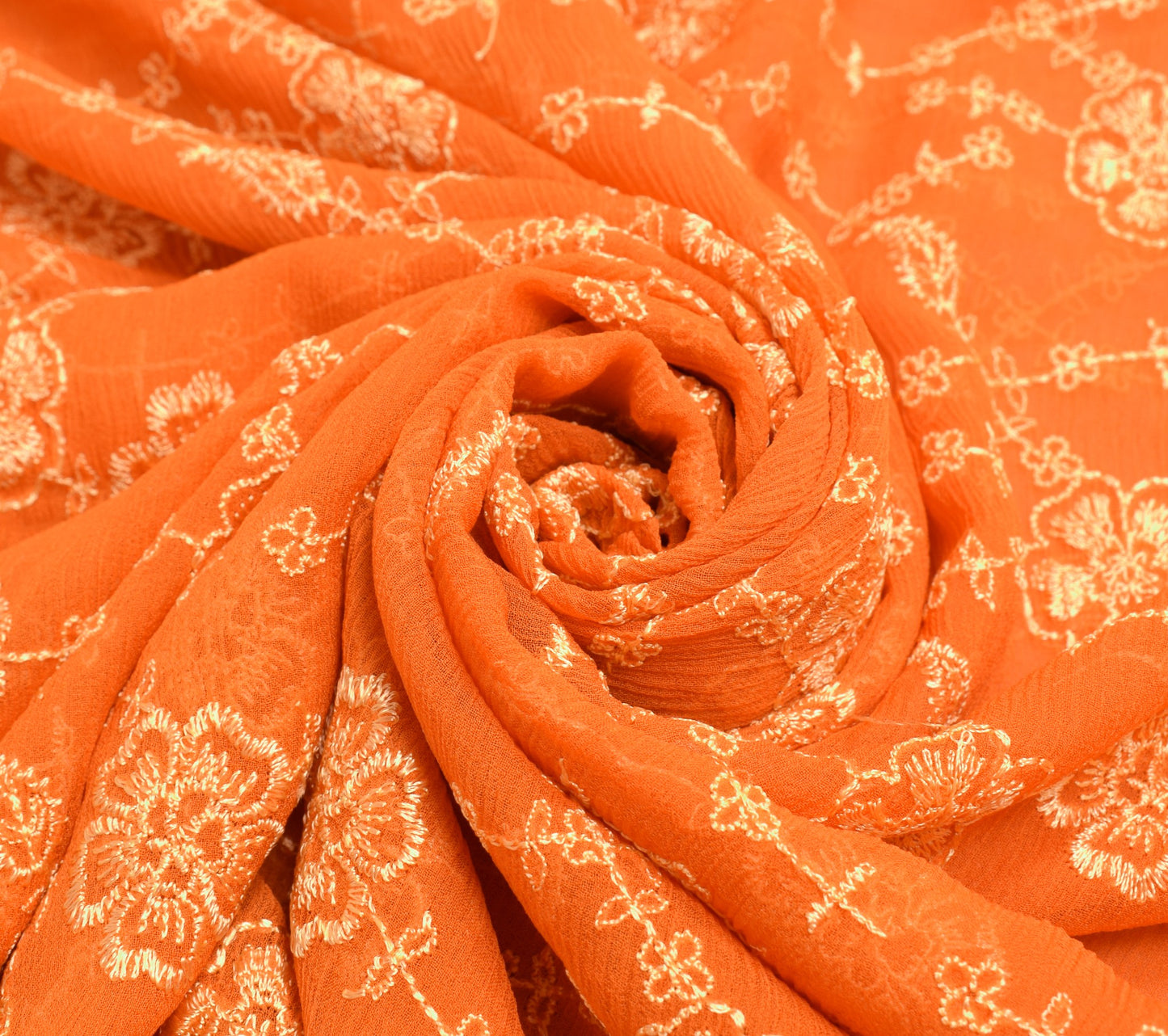 Sushila Vintage Orange Saree Pure Chiffon Silk Embroidered Floral 5YDSari Fabric