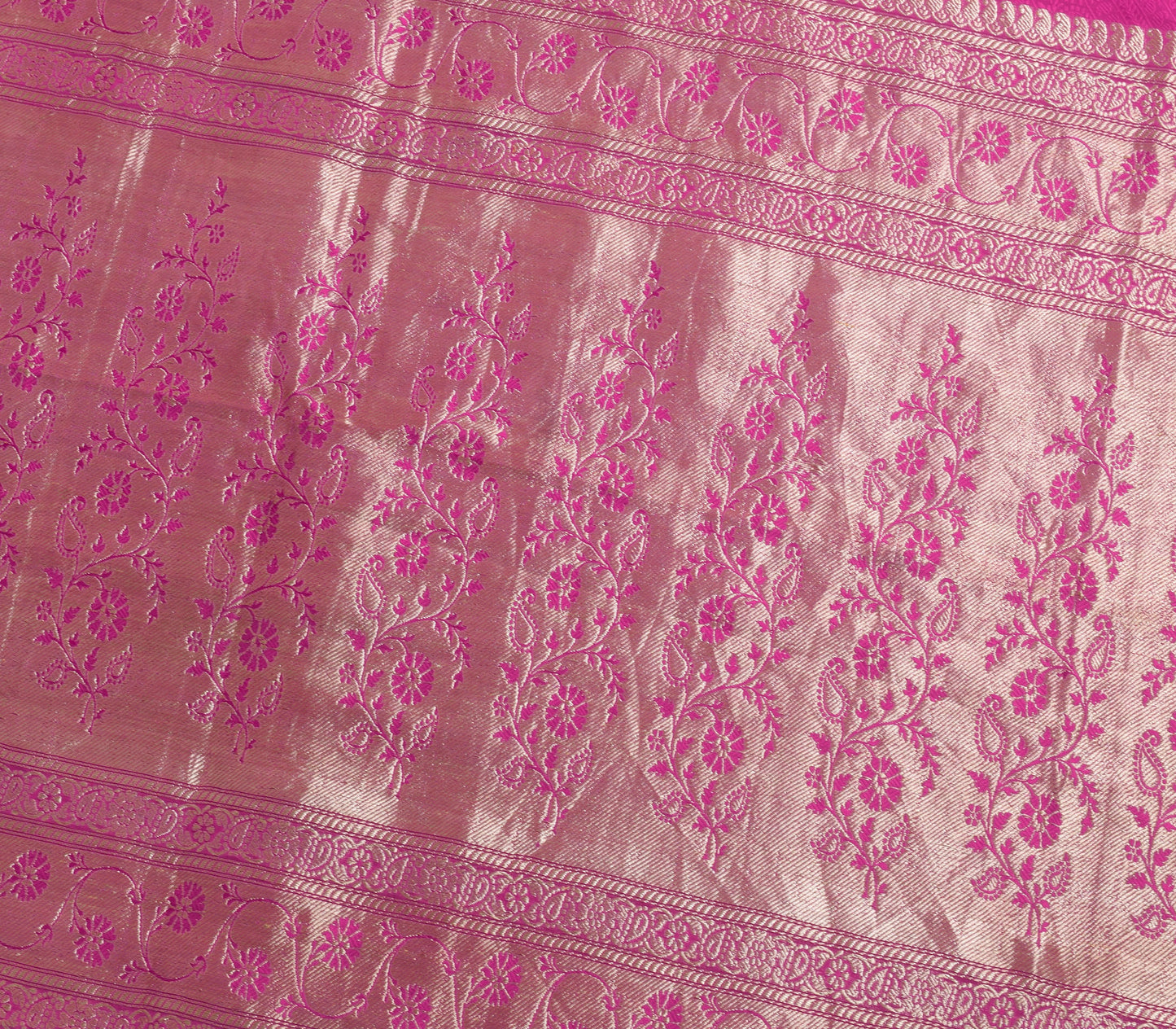 Sushila Vintage Heavy Saree Pure Satin Silk Banarasi Brocade Magenta Sari Fabric