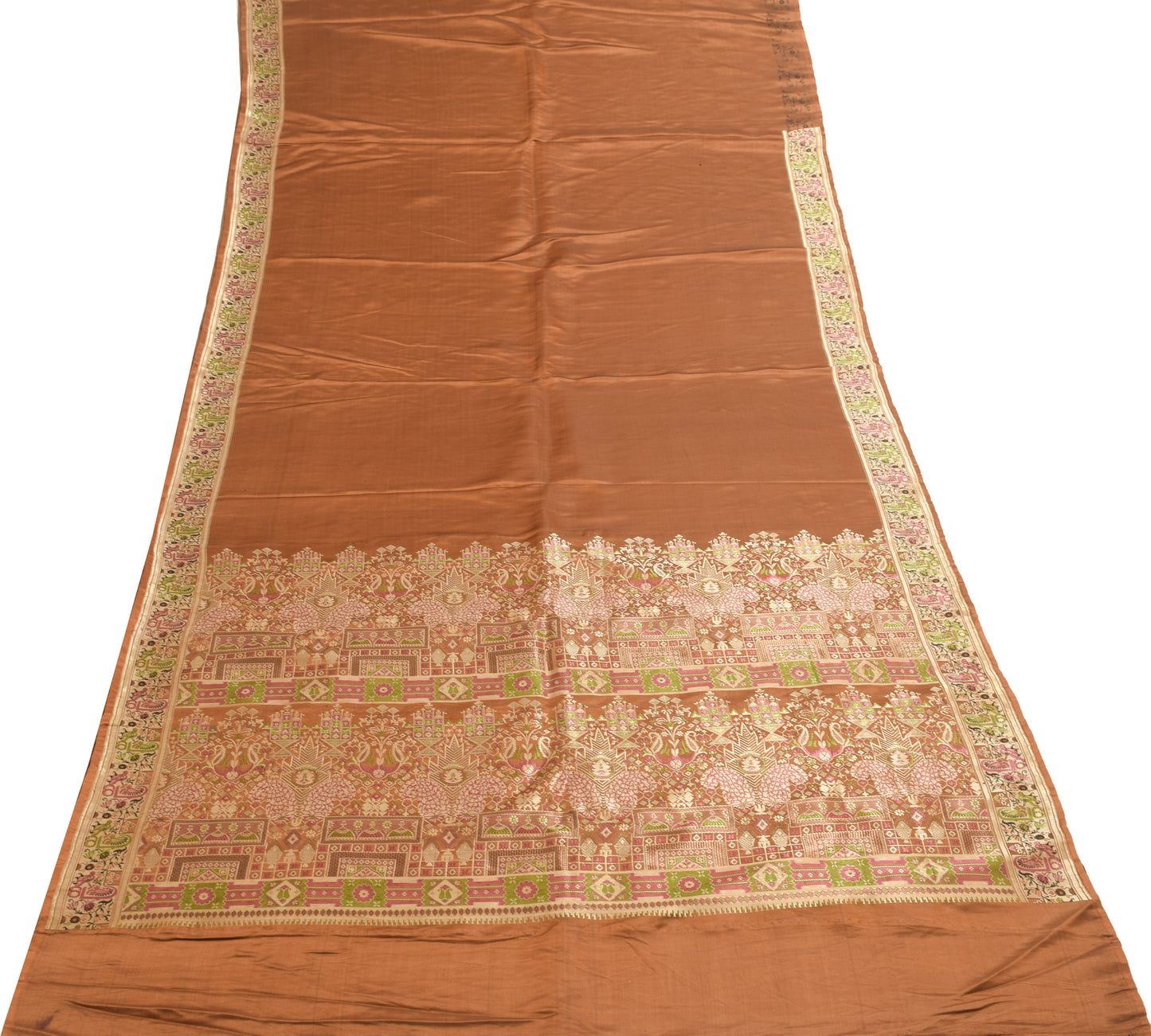 Sushila Vintage Brown Heavy Saree Pure Satin Silk Banarasi Brocade Woven Fabric