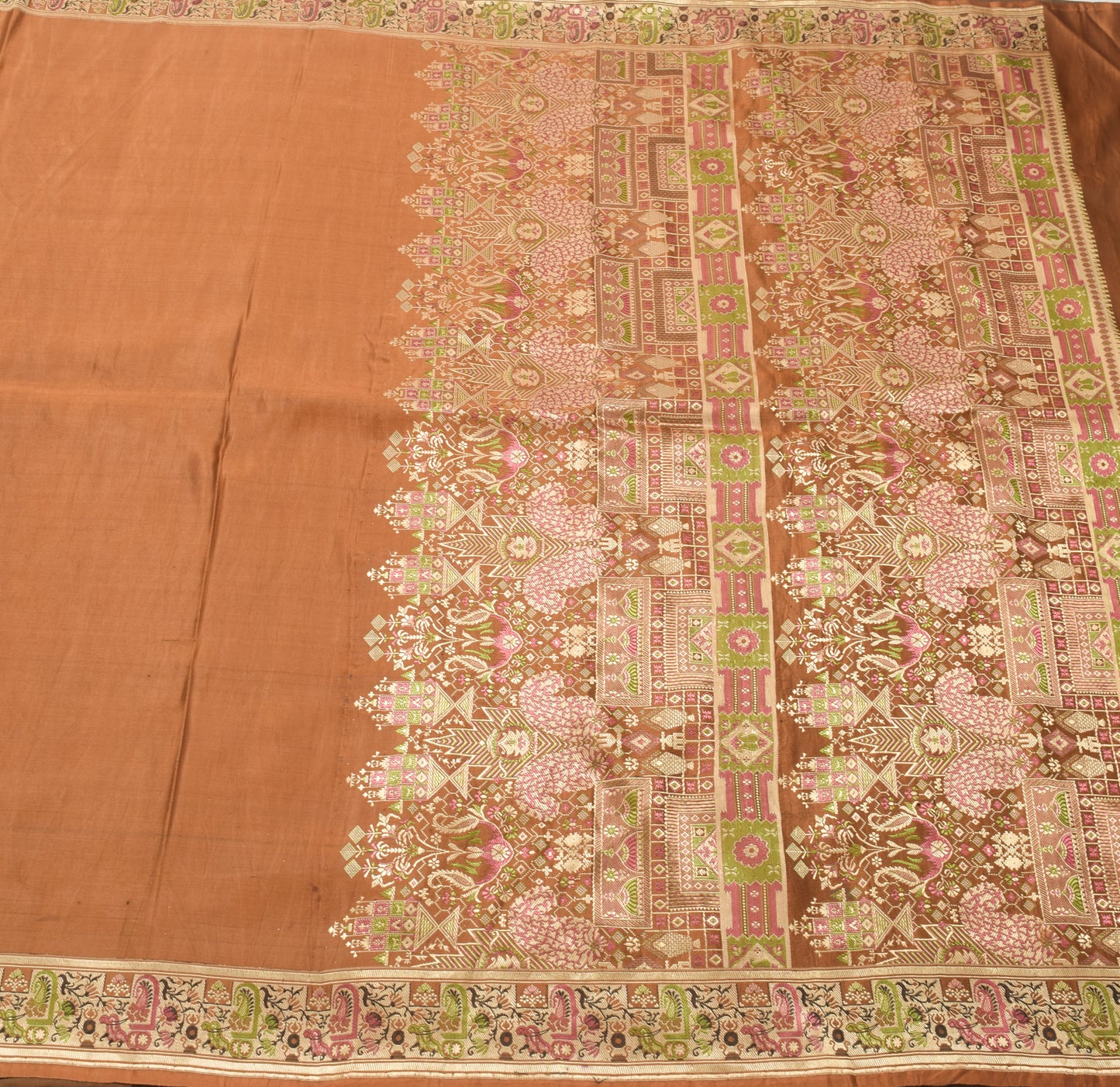 Sushila Vintage Brown Heavy Saree Pure Satin Silk Banarasi Brocade Woven Fabric