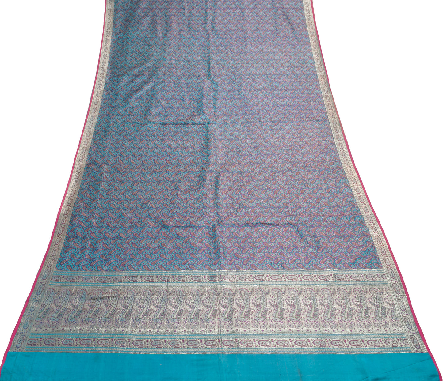 Sushila Vintage Heavy Saree Blue Pure Satin Silk Banarasi Brocade Woven Fabric