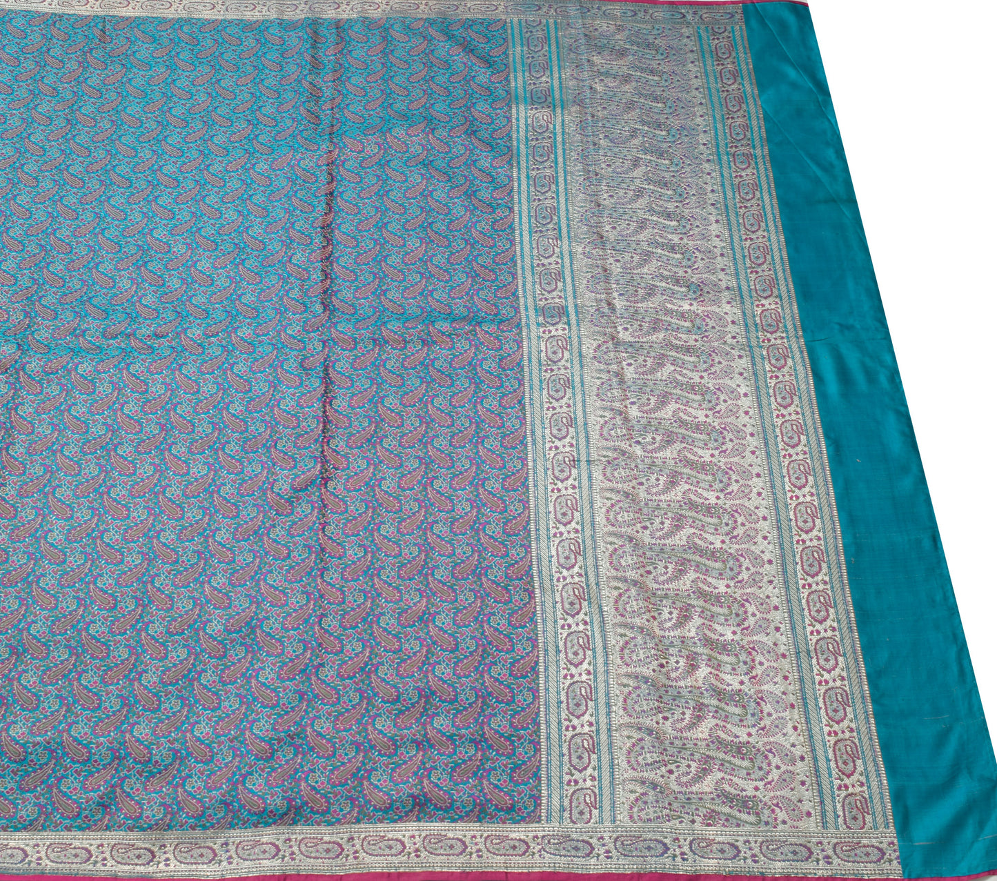 Sushila Vintage Heavy Saree Blue Pure Satin Silk Banarasi Brocade Woven Fabric