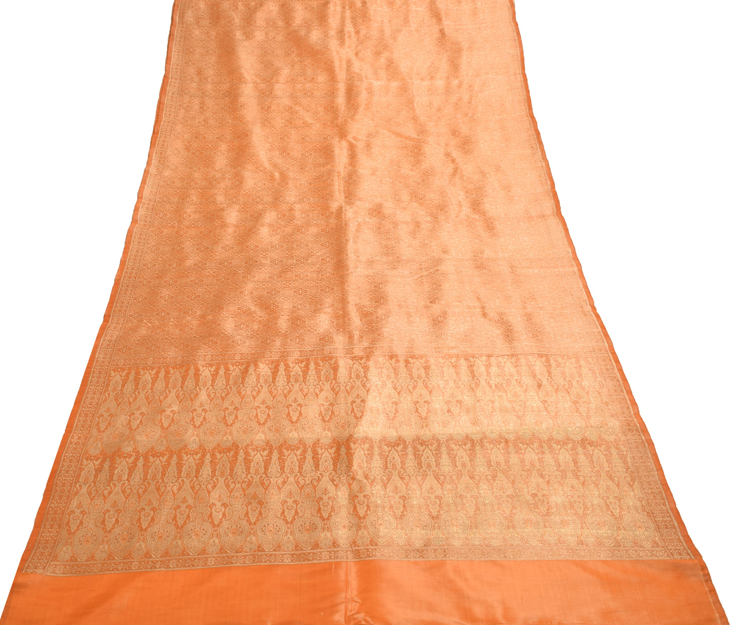 Sushila Vintage Orange Heavy Saree Pure Satin Silk Banarasi Brocade Sari Fabric