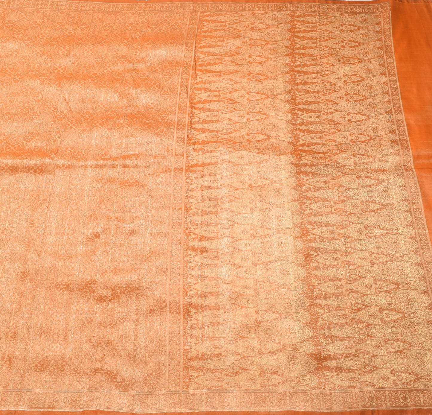 Sushila Vintage Orange Heavy Saree Pure Satin Silk Banarasi Brocade Sari Fabric