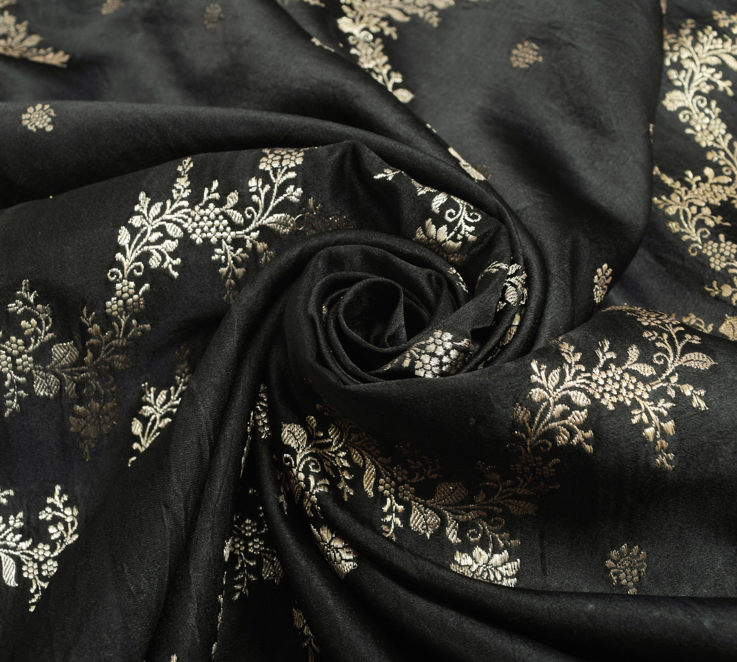 Sushila Vintage Heavy Saree Pure Satin Silk Banarasi Brocade Black Sari Fabric