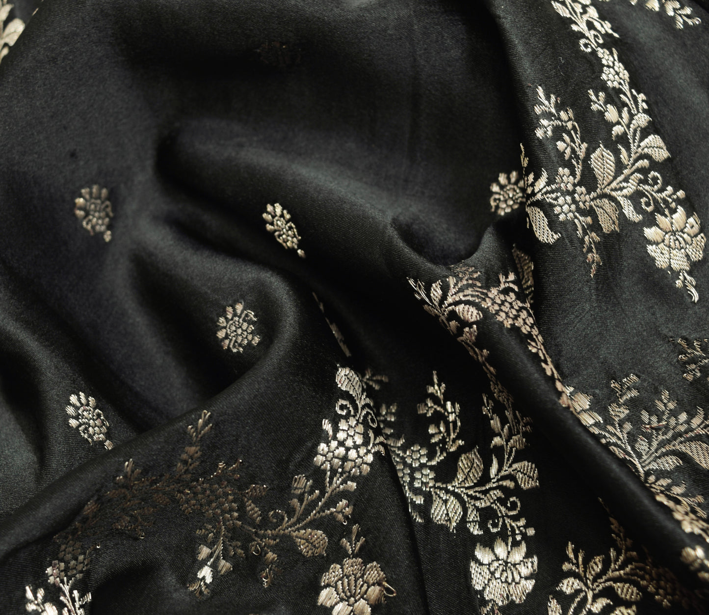 Sushila Vintage Heavy Saree Pure Satin Silk Banarasi Brocade Black Sari Fabric