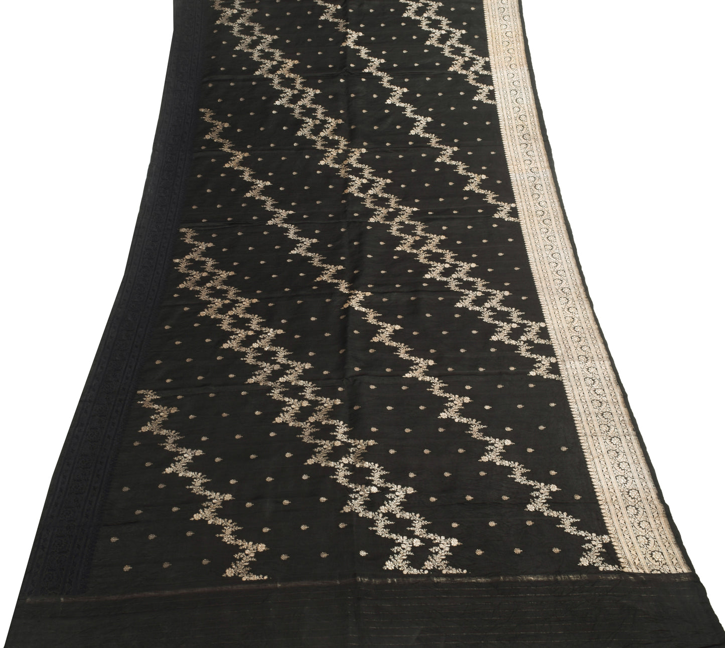 Sushila Vintage Heavy Saree Pure Satin Silk Banarasi Brocade Black Sari Fabric