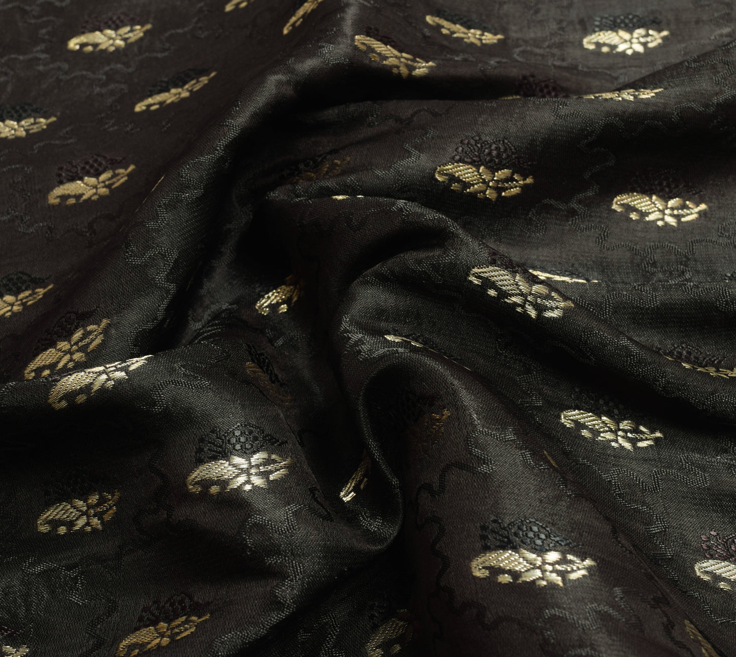 Sushila Vintage Black Heavy Saree Pure Satin Silk Banarasi Brocade Sari Fabric