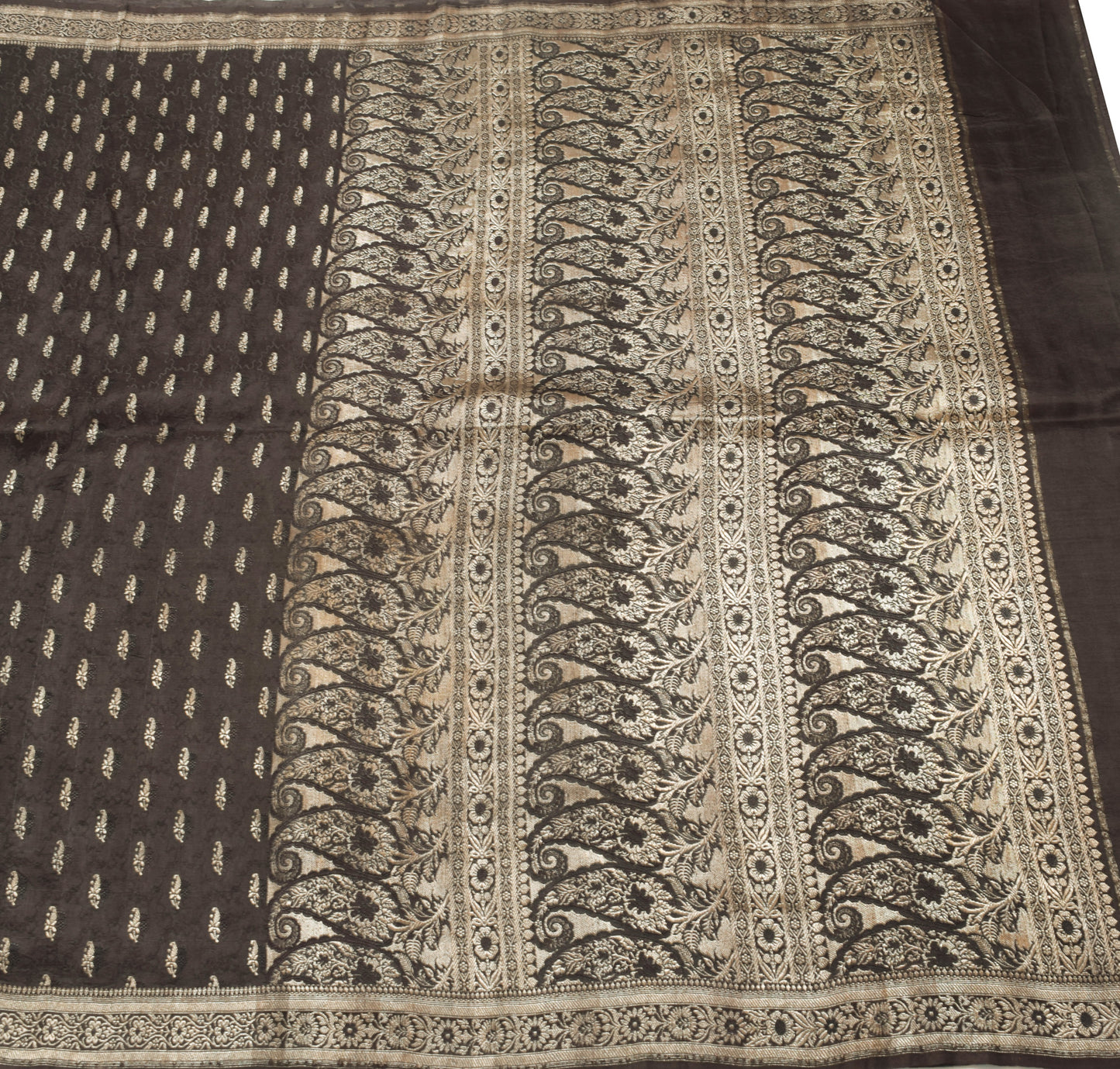 Sushila Vintage Black Heavy Saree Pure Satin Silk Banarasi Brocade Sari Fabric