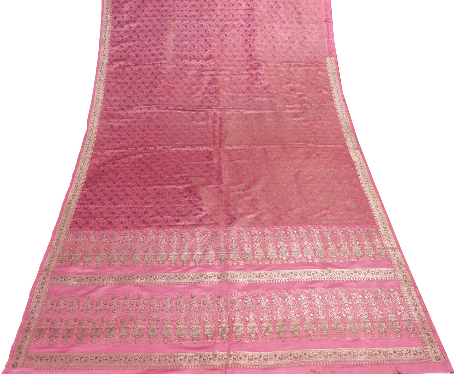 Sushila Vintage Heavy Saree Pure Satin Silk Banarasi Brocade Pink Sari Fabric