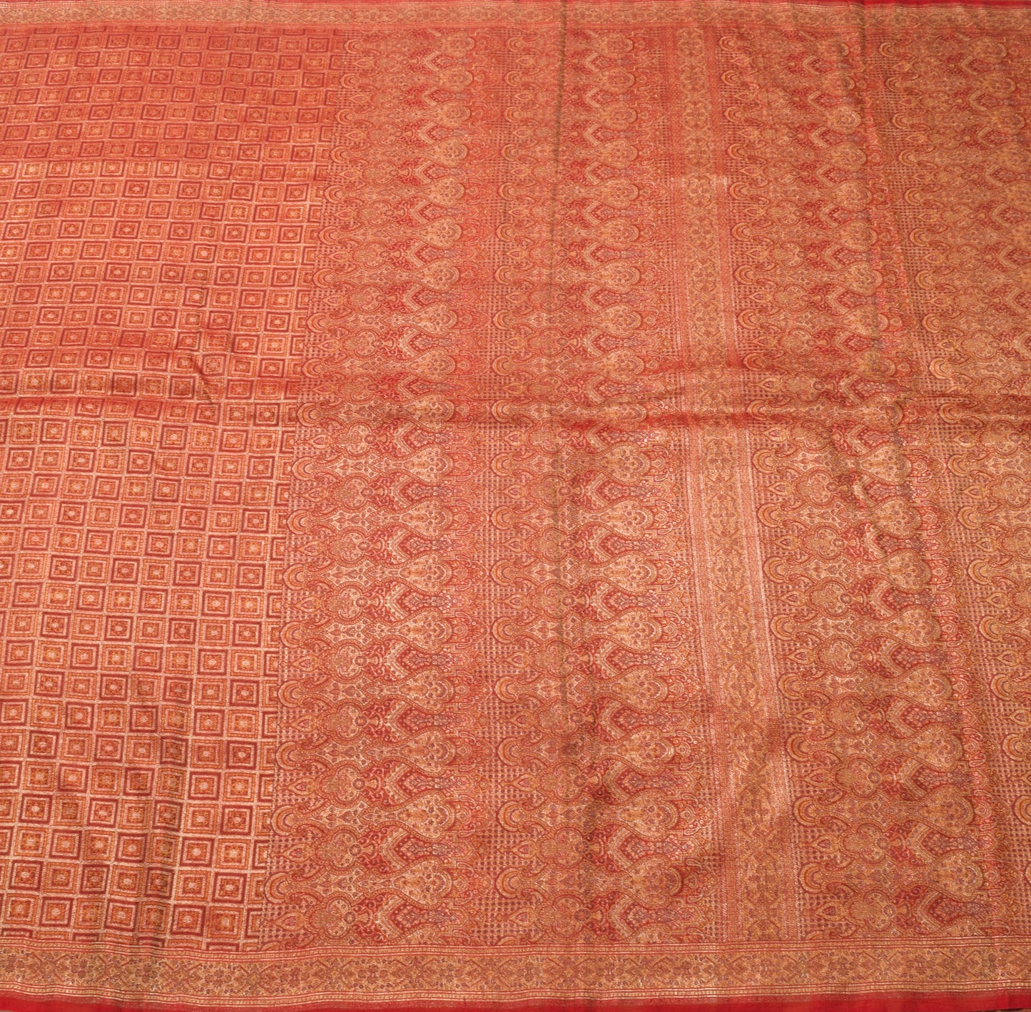 Sushila Vintage Heavy Saree Pure Satin Silk Banarasi Brocade Woven Red Fabric