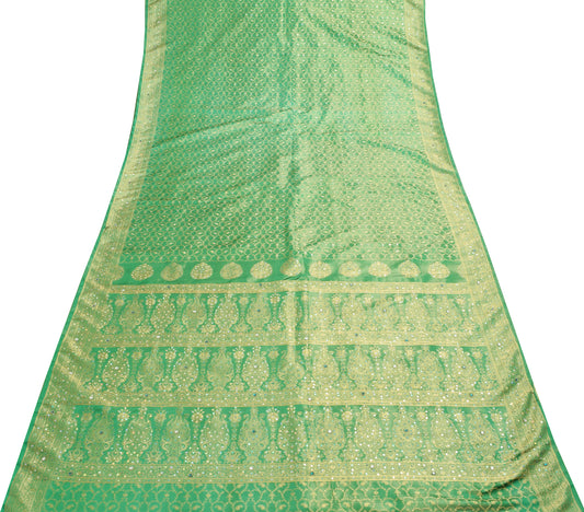 Sushila Vintage Heavy Saree Green Satin Silk Banarasi Brocade with Blouse Fabric