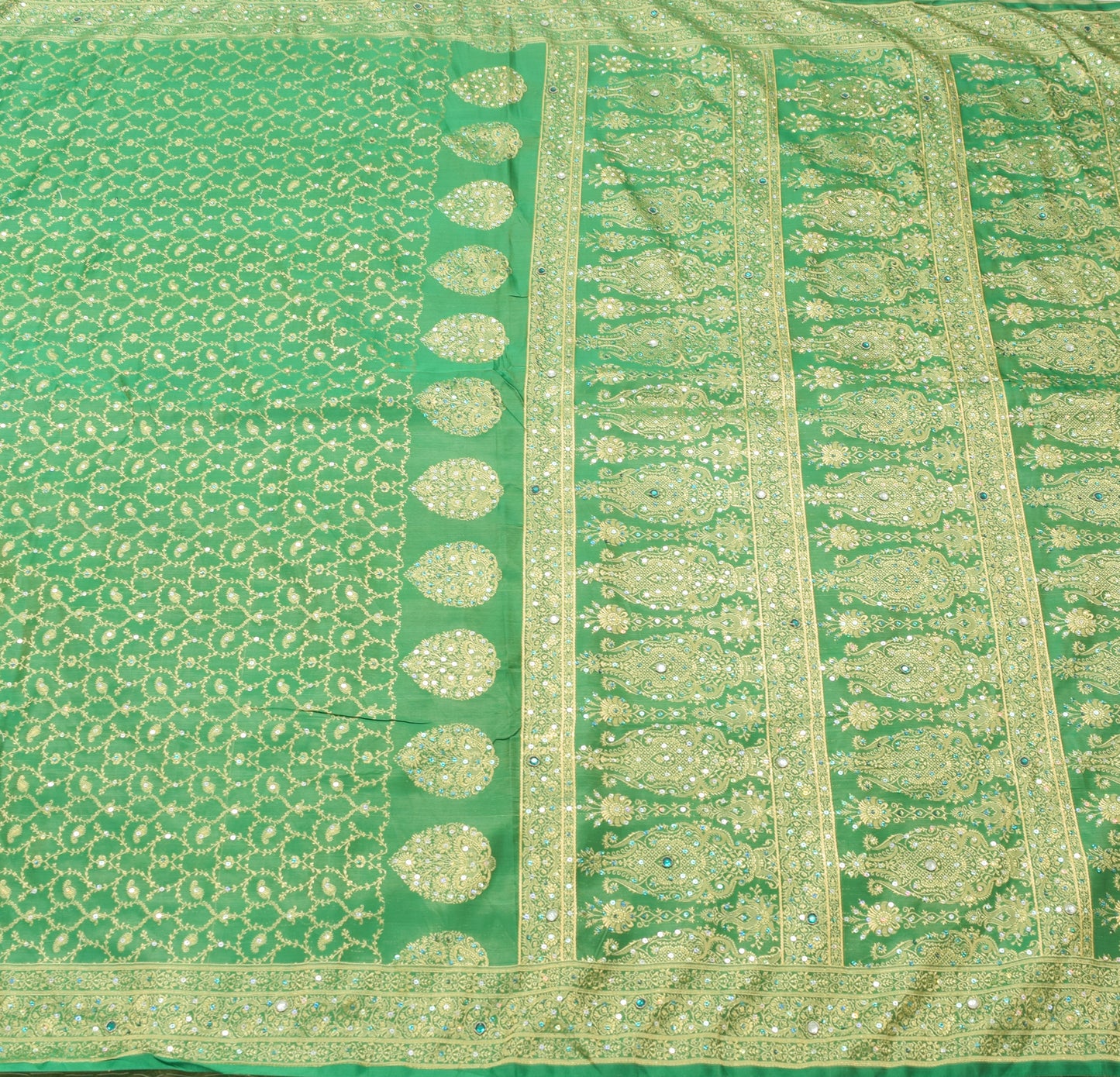 Sushila Vintage Heavy Saree Green Satin Silk Banarasi Brocade with Blouse Fabric