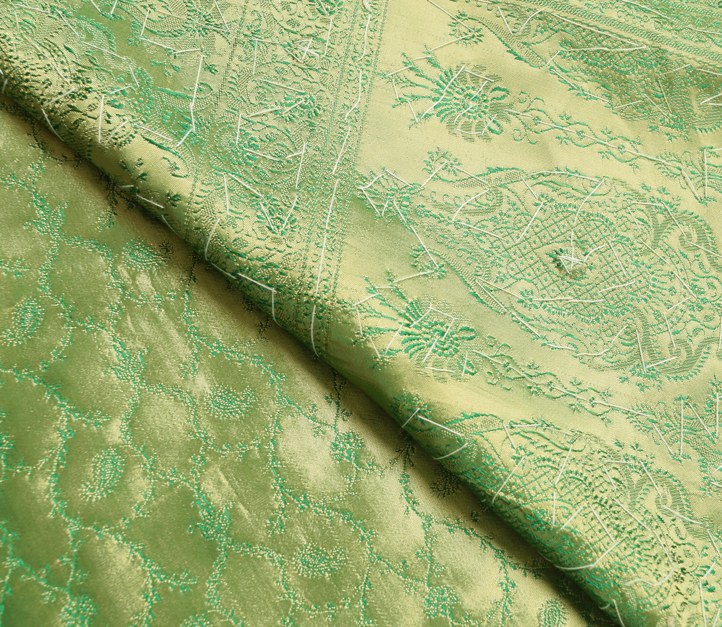 Sushila Vintage Heavy Saree Green Satin Silk Banarasi Brocade with Blouse Fabric