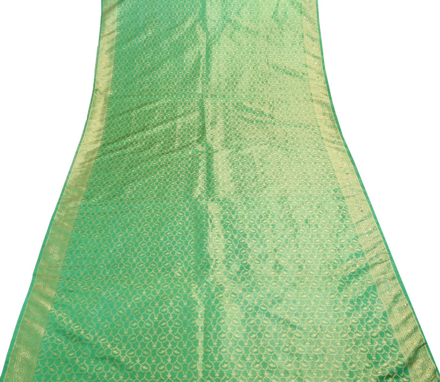 Sushila Vintage Heavy Saree Green Satin Silk Banarasi Brocade with Blouse Fabric