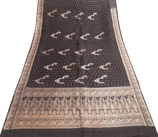 Sushila Vintage Black Heavy Saree Pure Satin Silk Banarasi Brocade Sari Fabric