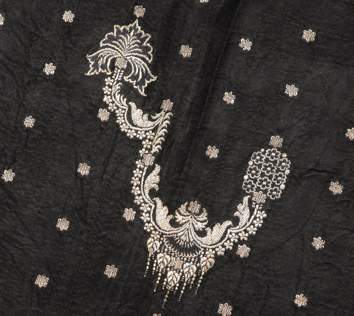 Sushila Vintage Black Heavy Saree Pure Satin Silk Banarasi Brocade Sari Fabric