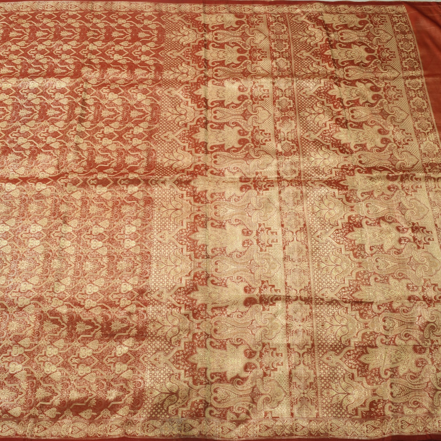 Sushila Vintage Heavy Saree Pure Satin Silk Banarasi Brocade Woven Brown Fabric