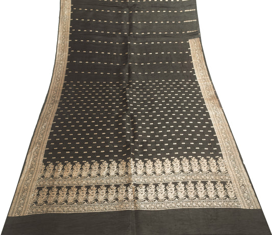 Sushila Vintage Heavy Saree Pure Satin Silk Banarasi Brocade Woven Black Fabric
